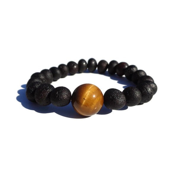 Amber Bracelet w Tigers Eye Bead, Unisex Bracelet, Baltic Amber Bracelet - Picture 1 of 9